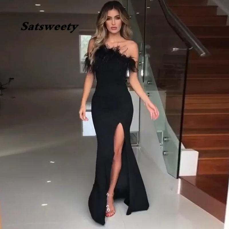 Feather Evening Dress Strapless Side Split Sexy Black Prom Dresses Party long Special Occasion Custom Made, Purple