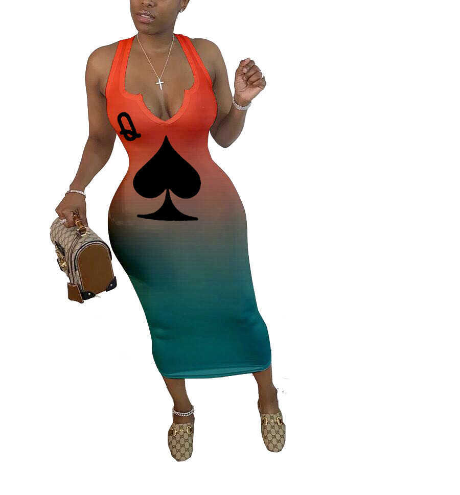 CM.YAYA summer women black queen poker card sleeveless v-neck tank bodycon midi mid-calf dress club sexy party pencil dresses 210623