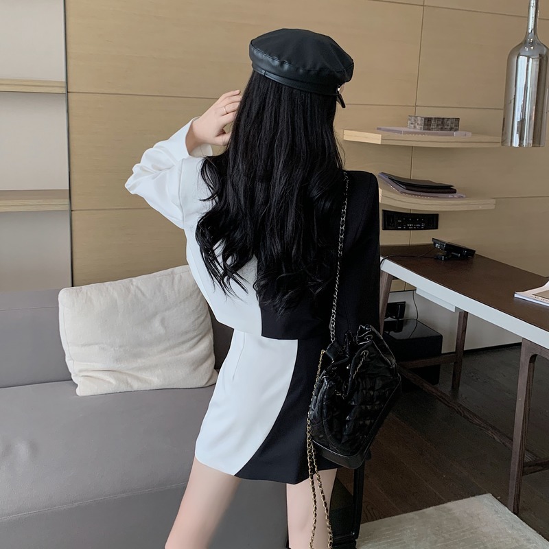 Kimutomo Fashion Two Piece Set Women Hong Kong Style Black White Patchwork Blazers and High Waist Mini Skirt Spring Chic 210521