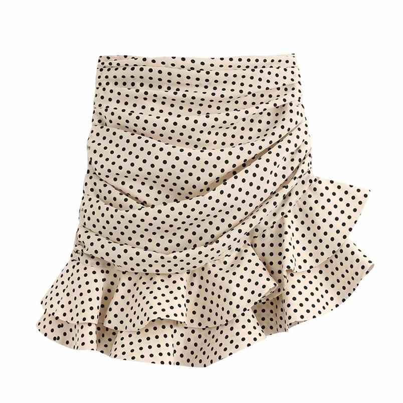 new women vanilla polka dot High-waisted mini skirt Ruching detail Ruffled hem Back hidden in-seam zip closure skirt 210408