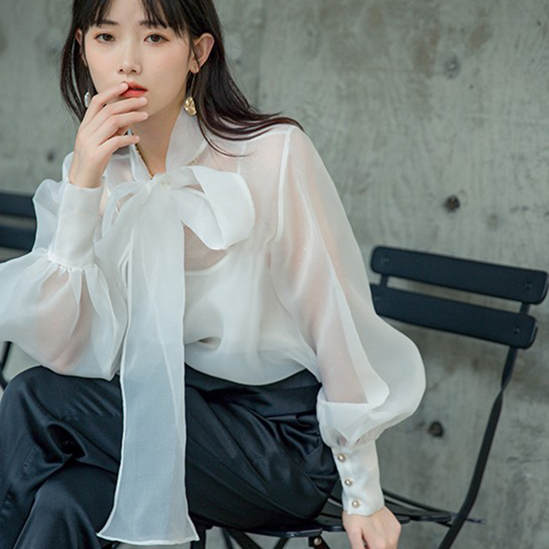 White Perspective Blouse For Women Bow Collar Long Sleeve Casual Shirts Female Fashionable Clothing Spring 210524