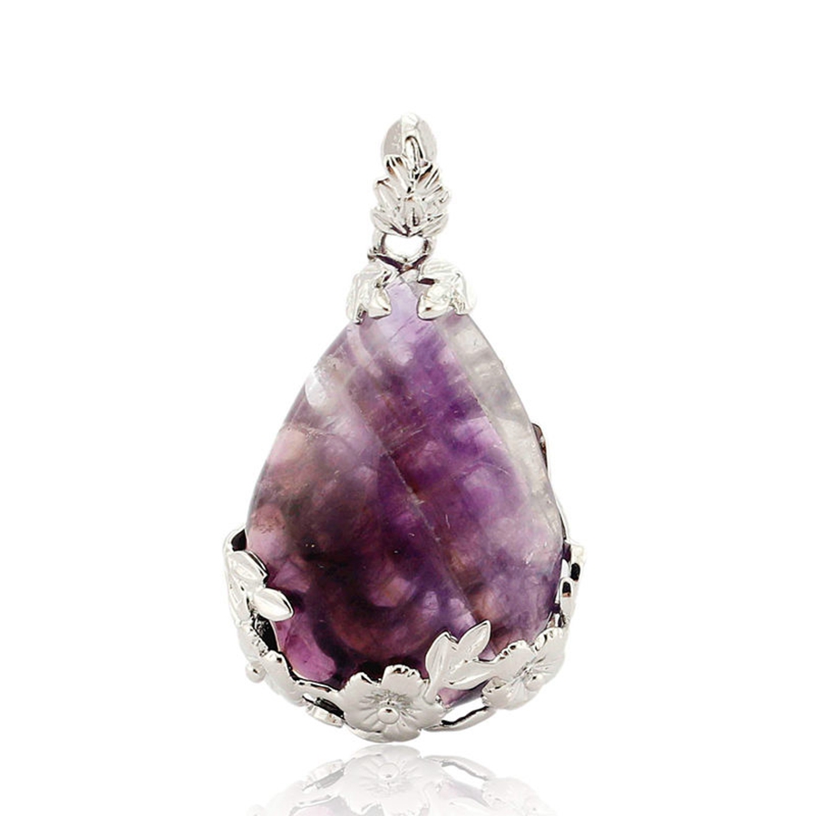 Natural Gemstong Angel's Tears Shape Plum Blossom Women Pendant Water-drop Shaped Stone Reiki Necklace Amethyst Rose Quartz Obsidian Healing Crys