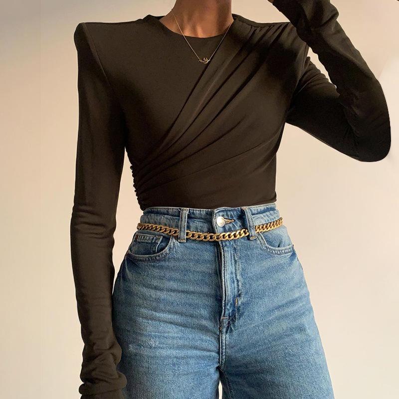 Women's T-Shirt Shoulder Padded Shrug T Shirt Women Brown Autumn Winter Turtleneck Elegant Fashion Basic Solid Long Sleeve Crop Tops
