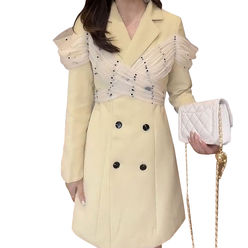 VGH Temperament Patchwork Lace Dress For Women Notched Long Sleeve High Waist Hollow Out Korean Dresses Female Fashion New Tide 210421