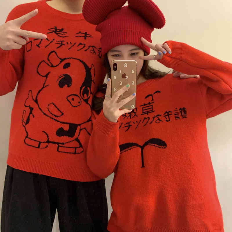 2colors autumn winter korean style loose Cartoon Funny Sweaters thick warm Knitted Sweaters and pullovers womens (C8206) 210423