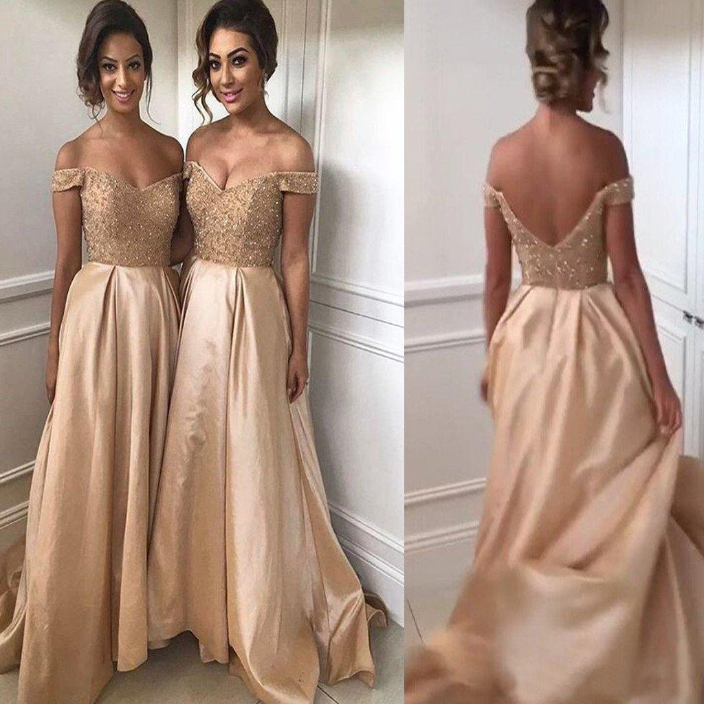 2021 Sexy Bridesmaid Dresses Champagne Gold Maid of Honor Dresses Beaded Lace Top Off the Shoulder Backless Long Wedding Party Gowns