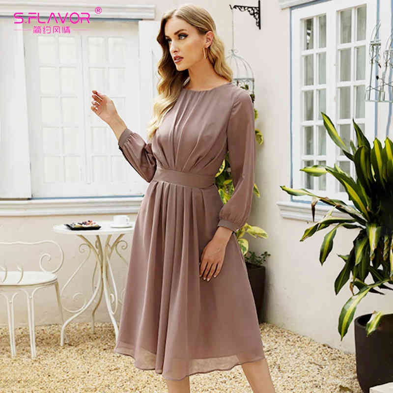 S.FLAVOR Spring Fashion Women Brown Chiffon Dress Elegant Long Sleeve Pleated A-Line Dress Solid Summer Women Boho Midi Vestidos 210409