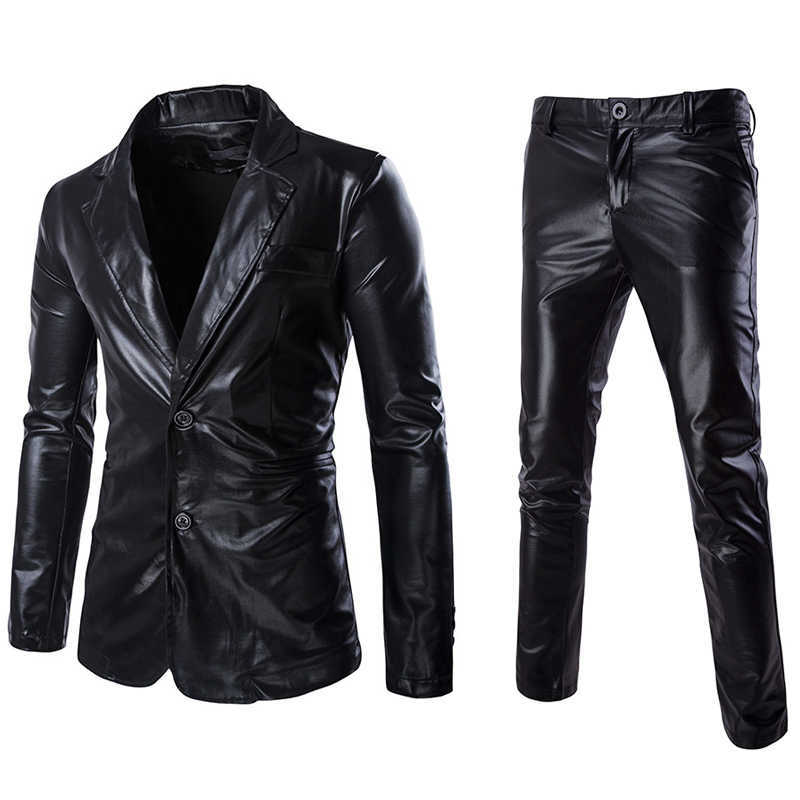 Fashion Reflective Fabric Two Piece Suit Male Autumn Plus Size Shiny Silver Casual Suit Set Men Slim Fit Suit Blazer 2 Piece Set X0909