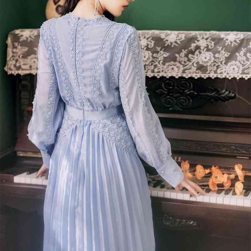 Ladies Full Sleeve Pleated Dress Robe Women's Sexy V Neck Blue Lace Chiffon Patchwork Long Vestidos 210520