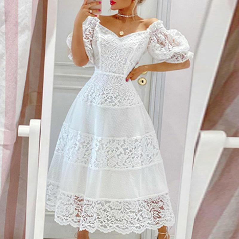 Casual Dresses White Long Dress Women Off Shoulder Short Sleeve Pleated Hem V Neck Embroidered Lace For Party 2021
Casual Dresses White Long Dress Women Off Shoulder Short Sleeve Pleated Hem V Neck Embroidered Lace For Party 2021