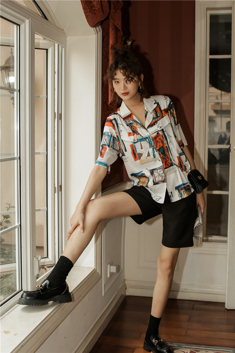 Baroque Vintage Blouse Summer Short Sleeve Button Up Shirt Print Loose Notched Collared Top And Clothing 210427