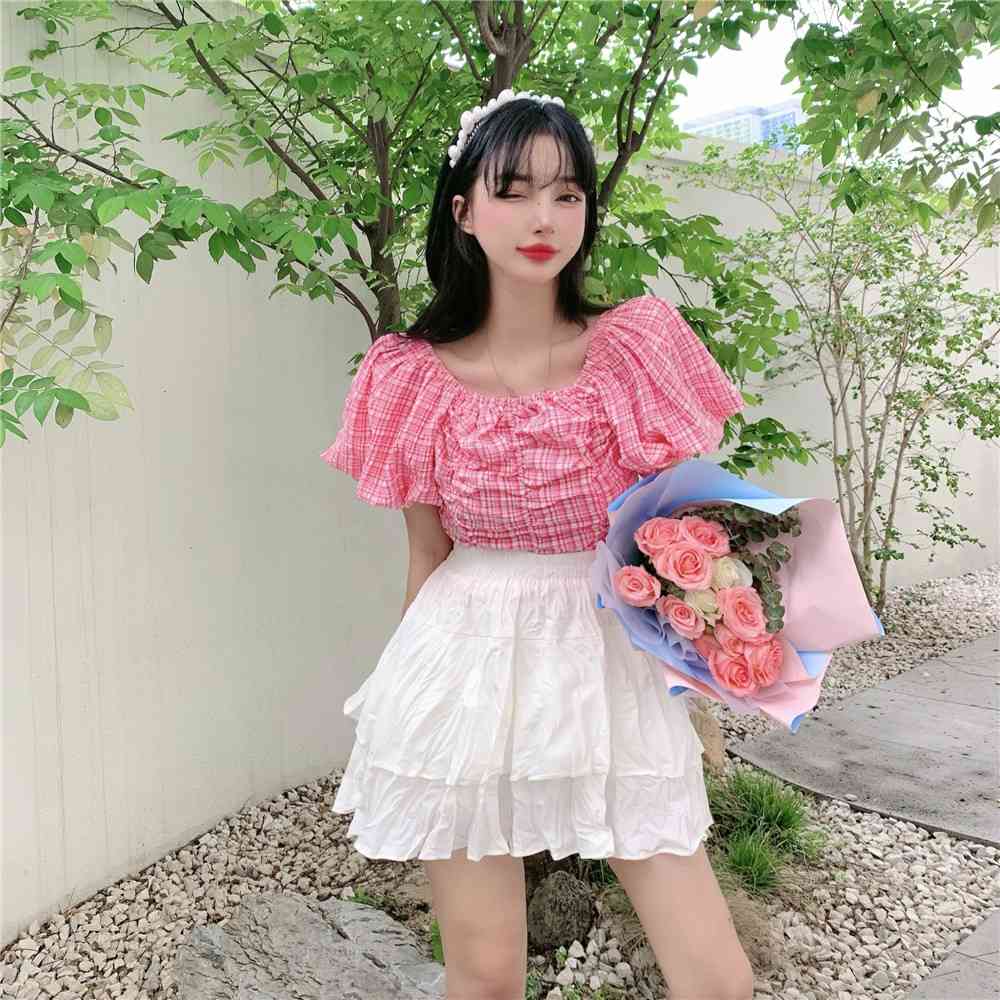 Summer Two Piece Set Women Korean Pink Plaid Slash Neck Shirt Top + White Cake Mini Skirt Casual Elegant Sweet Suit 210519