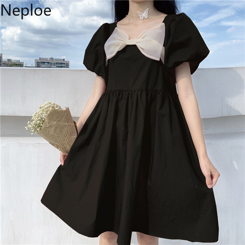 Neploe Preppy Style Women Dress Summer Square Collar Puff Sleeve Vestido Mujer Korean Fashion Bow Loose Black Dresses 94816 210422