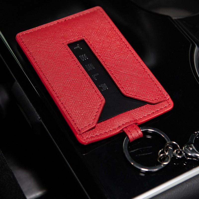 Car Leather Key Card Holder For Tesla Model 3 Y Protector Cover Accessories Black Red Keychain Fob Case Bag Model3 Three