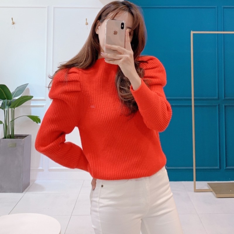 Long Puff Sleeve Sweet Sweater Women Autumn Winter Arrivals Candy Color Turtleneck Knitted Sweaters And Pullovers 210519
