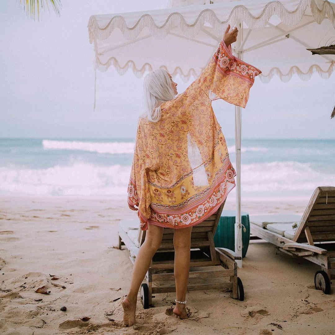 Yellow Bohemian Printed Bikini Cover-ups Long Kimono Cotton Tunic For Women Summer Wrap Dress Beach Wear Swim Suit Cover Up A558 210420