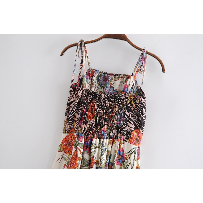 Bohemia Contrast color Flower Print Tied Bow Spaghetti Strap Dress Back Elastic BOHO Woman Sling Midi Long Dresses Beach 210429