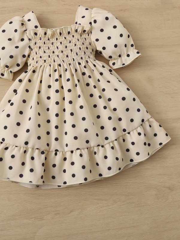 Baby Polka Dot Shirred Bodice Ruffle Hem Dress SHE