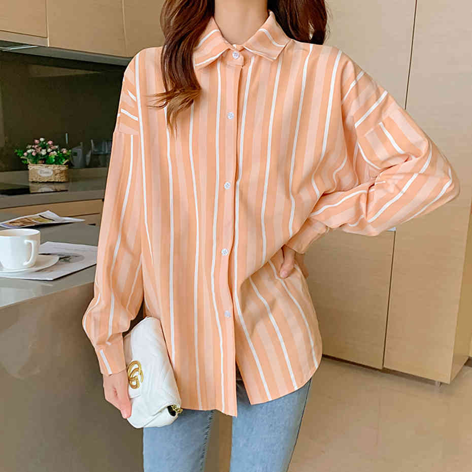 2XL Korean Large Size Vertical Striped Shirt Women Spring Autumn Retro Long Sleeve Work Shirt Elegant OL Blusa Plus Size 210412