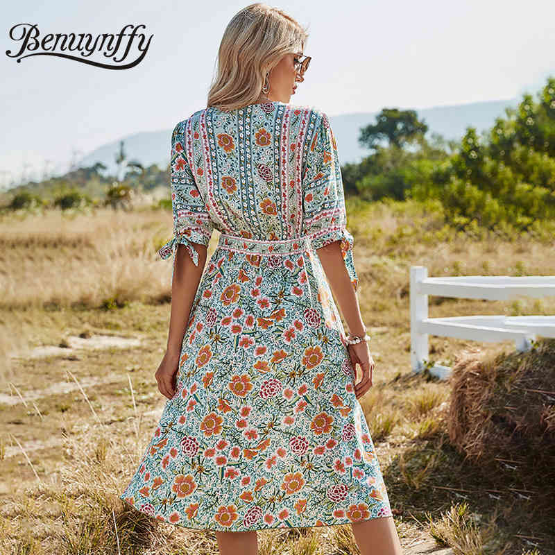 Surplice Neck Holiday Style Floral Print Midi Dresses Women Summer Casual High Waist Short Sleeve Female A-Line Dress 210510