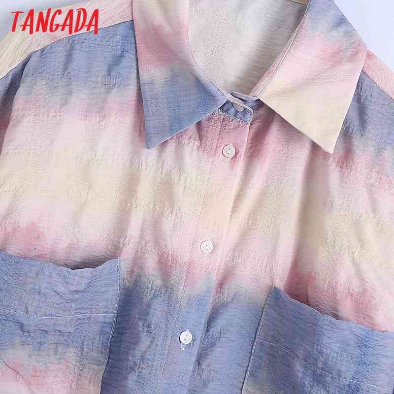 Fashion Women Pockets Tie-dye Cropped Blouses Vintage Short Sleeve Female Shirts Chic Tops BE516 210416
