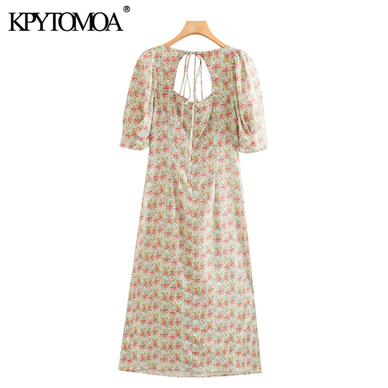 Women Chic Fashion Floral Print Pleated Midi Dress Puff Sleeve Back Zipper Female Dresses Vestidos Mujer 210420