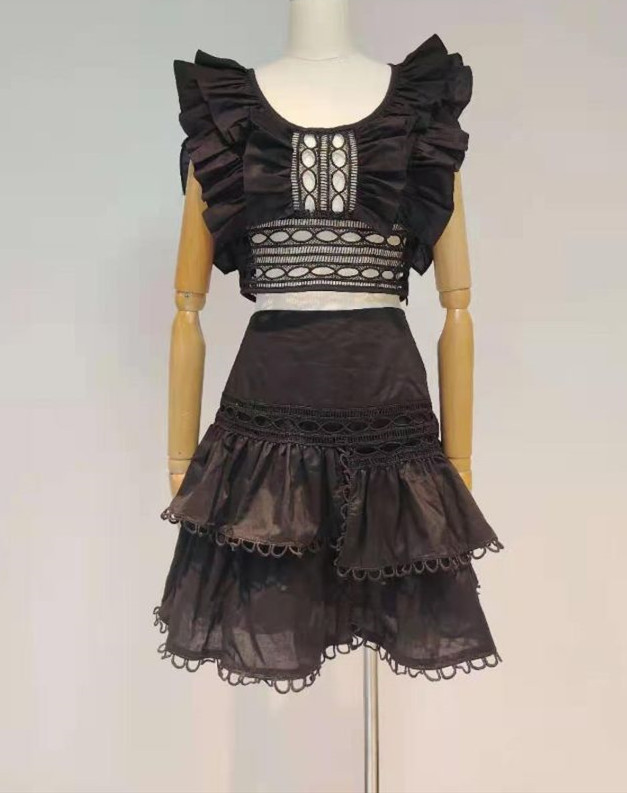 DEAT summer fashion women clothes ruffles sleeveless hollow out top and high waist mini skirt two pieces set WR52201L 210428