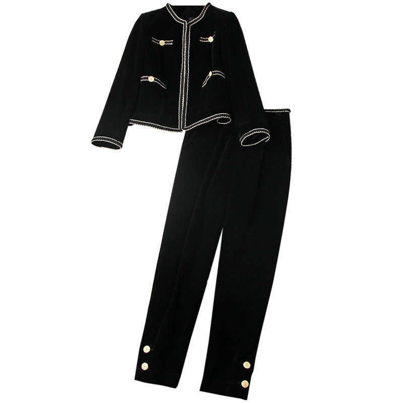 Runway Fashion Fall Winter Trousers Set Women Elegant Full Sleeve Vintage Velour Jacket and Pants Suit Office Outfits 210930