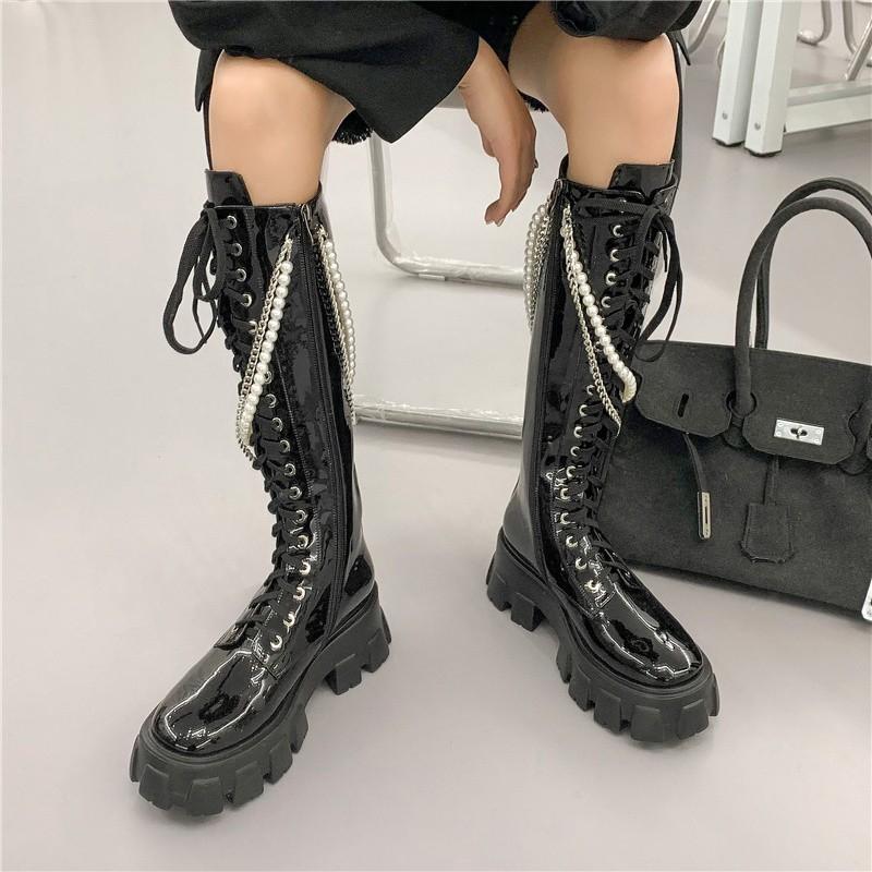 Boots Pearl Chain Platform Knight For Women Cross-tied Warm Velvet Knee-high Zipper Cow Patent Leather Woman High, Black
Boots Pearl Chain Platform Knight For Women Cross-tied Warm Velvet Knee-high Zipper Cow Patent Leather Woman High, Black