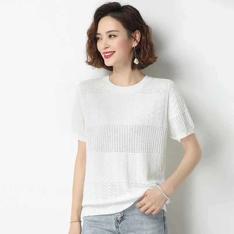 Summer Hollow Out Knit Short Sleeve T-Shirt Women Korean Casual Solid Colors Knitwear Tee Casual Round Neck Ice Silk pullovers 211014