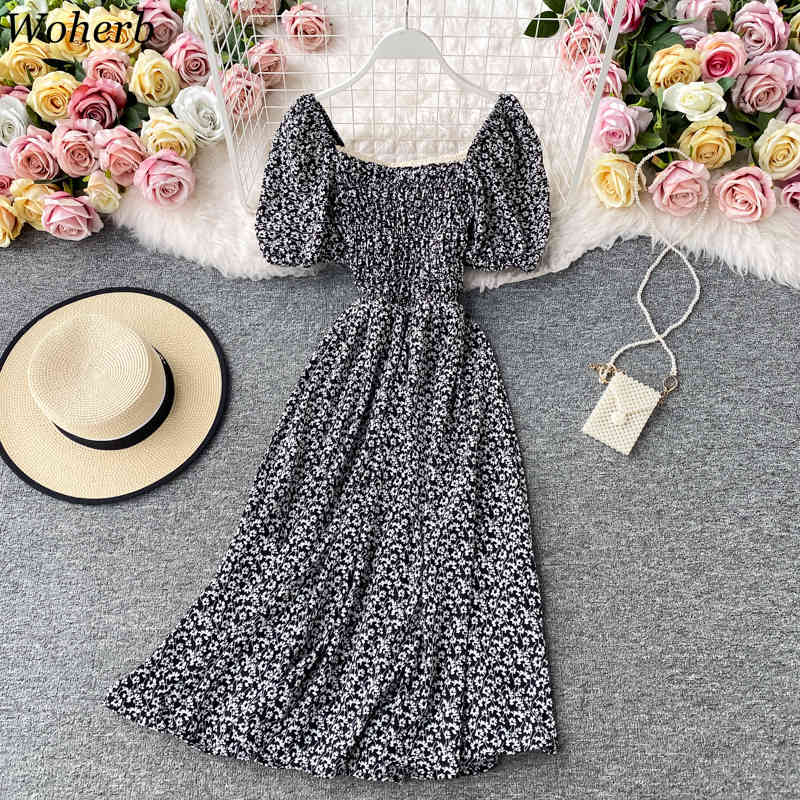 Summer Elegant Floral Dress Women Slim A Line Puff Sleeve Square Collar Dresses Ladies Korean Beach Robe Vestido 210519