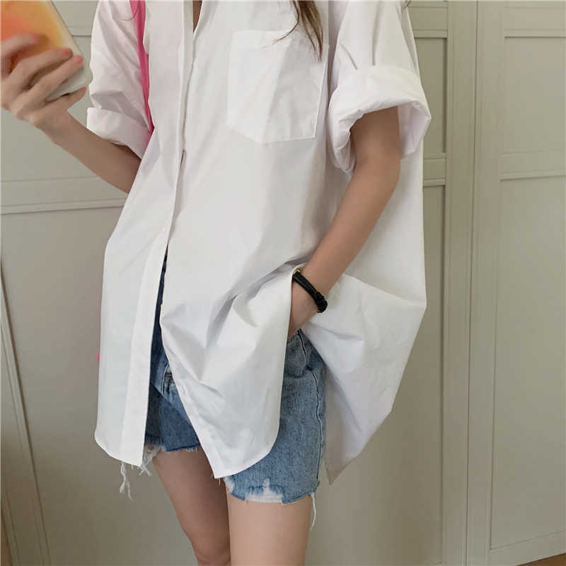 Green Back Split Shirts Female Summer Short Sleeve Loose Casual BF Harajuku White Tops Blouse Women Stylish 210601