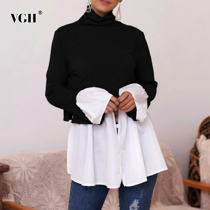 VGH Splicing Pleated Sweater For Women Turtleneck Flare Sleeve Casual Knitting Pullovers Female Fashion New Clothing Autumn 210421