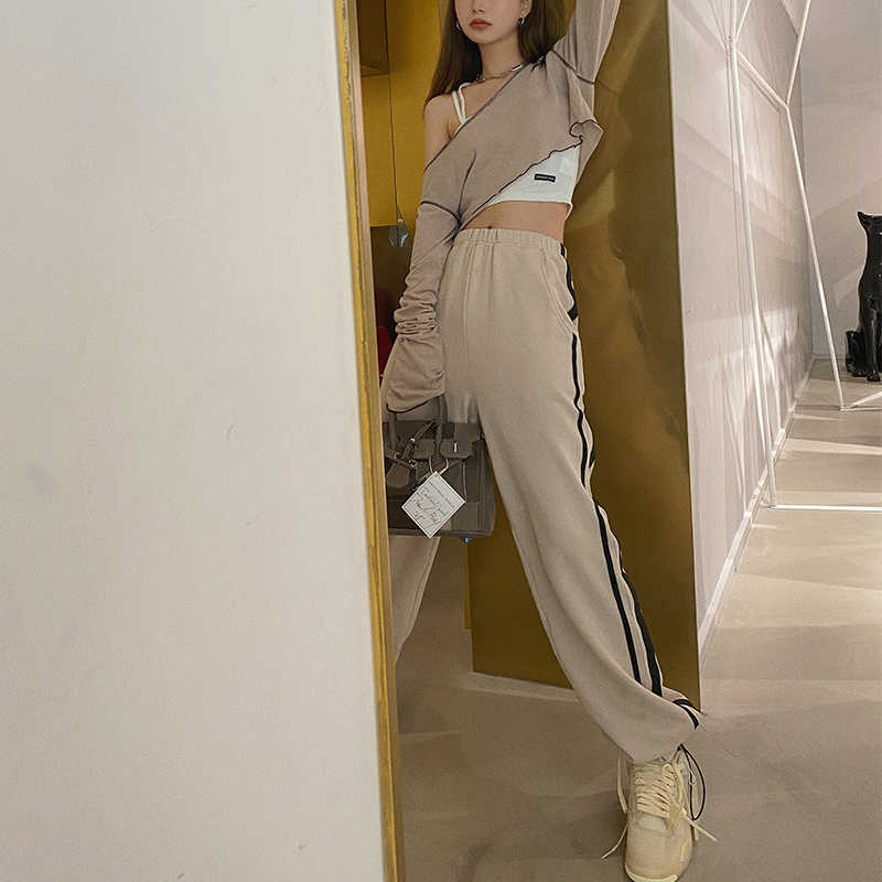 Women Baggy Joggers Female Elastic Wasit Side Stripe Loose Casual Sweatpants Bound Feet Pants Autumn Winter 210602