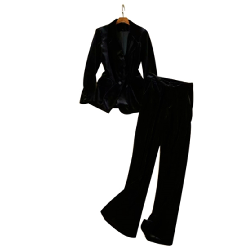 Velvet wide-leg pants suit Women 2 Piece Set slim Blazer Jacket Office lady business Celebrity Evening Runway Party Suit 210520