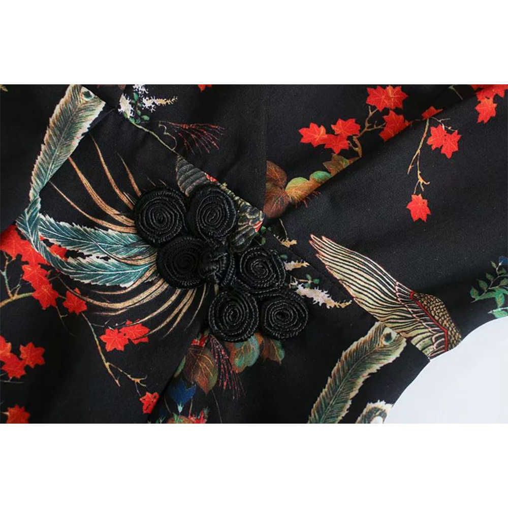 Women Chinese-style Printed Dress V-neck Long Sleeves Short Dress Vintage Elegant Chic Lady Fashion Woman Dresses 210709