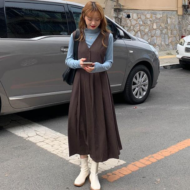 2colors long dress autumn Soild color loose spaghetti strap Sleeveless autumn dress womens pleated dresses (X1642) 210423