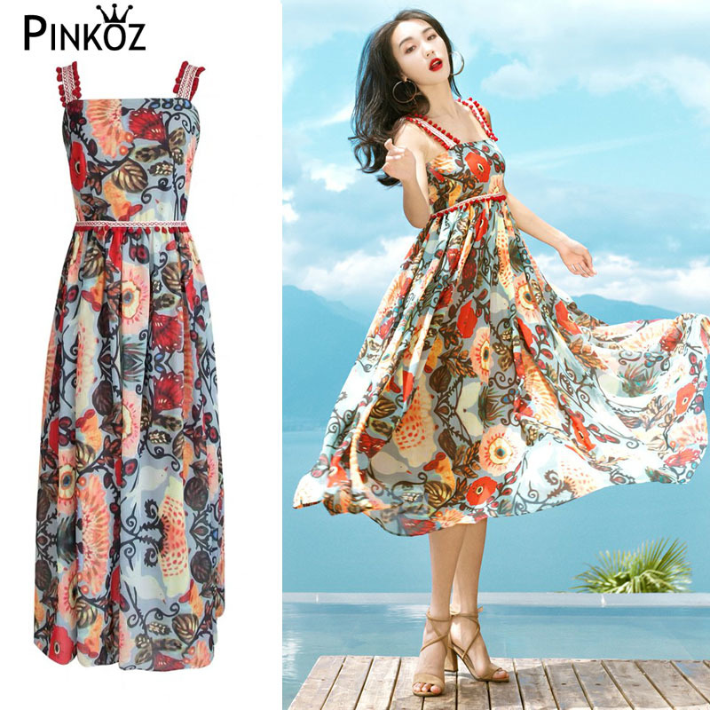 Elengant Flower Print High Waist Spaghetti Midi Dress Party Holiday Style Tassel A-line Long Dresses Vestidos 210421