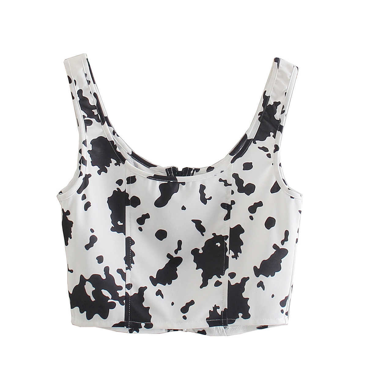 Women Summer Crop Top Cow spots Zip Up Casual Fashion Sexy Chic Lady Woman Camisole Tank Top 210709