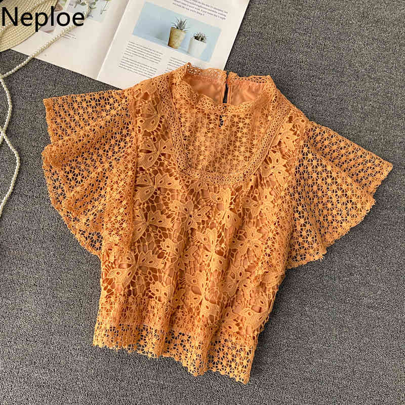Neploe Blusas De Mujer Summer Women Lace Tops Korean Fashion Clothes See Throught Shirts Stand Neck Elegant Ladies Blouses 210422