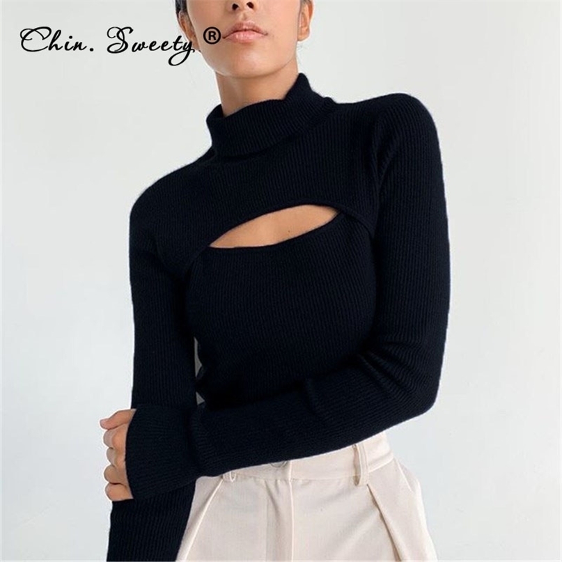 Women's Long Sleeve Turtleneck Sweater Pullovers Autumn Thin Cut Hollow Out Patchwork Slim Sweaters Ladies Sexy Office Top 211011Z
