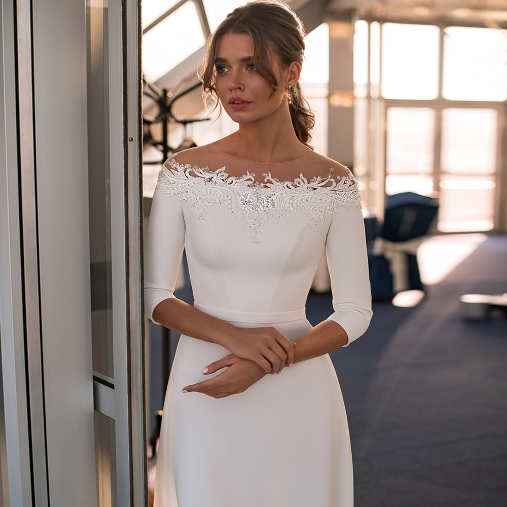 Simple Wedding Dress 2021New Arrival Boat Neck 3/4 Sleeves Beading Appliques A Line Soft Satin Bridal Gown Robe De Mariee