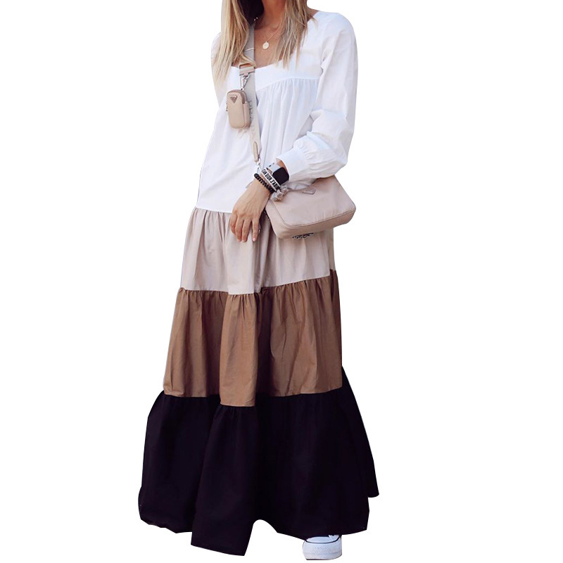 Women Dress Square Collar Color Matching Bohemian es Long Sleeve Loose Casual Maxi Plus Size Ladies es 210513