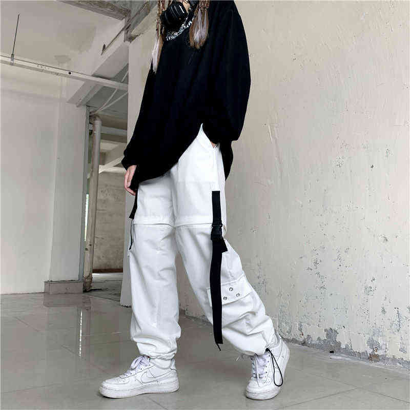 HOUZHOU White Streetwear Cargo Pant Y2k Harajuku Loose Patchwortk High Waist Trousers Casual Removable Techwear Korean 211124