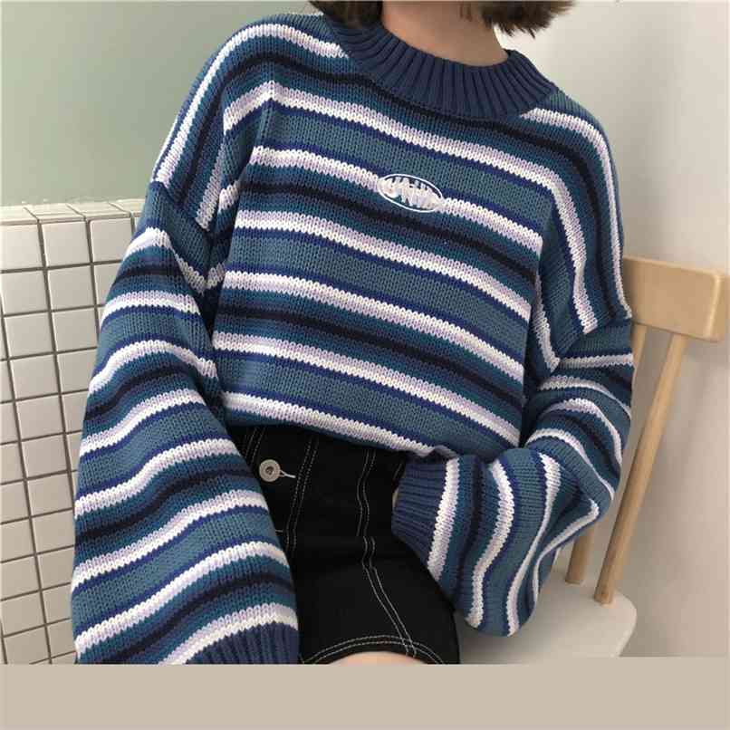Women Autumn Casual Oversized Sweaters Harajuku O Neck Drop Shoulder Batwing Sleeve Knitted Jumper Student Loose Cute Sweater 210918