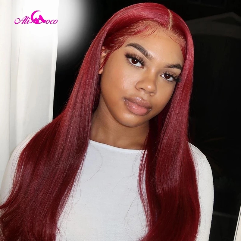 Burgundy Red Color Long silk straight Hairstyle lace front Wigs For Women Synthetic Hair High Temperature Fiber daily cosplay