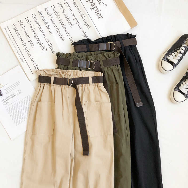 LY VAREY LIN Spring Summer Women Casual High Waist Cargo Pants with Belt Fashion Elastic Solid Color Ankle-length 210526