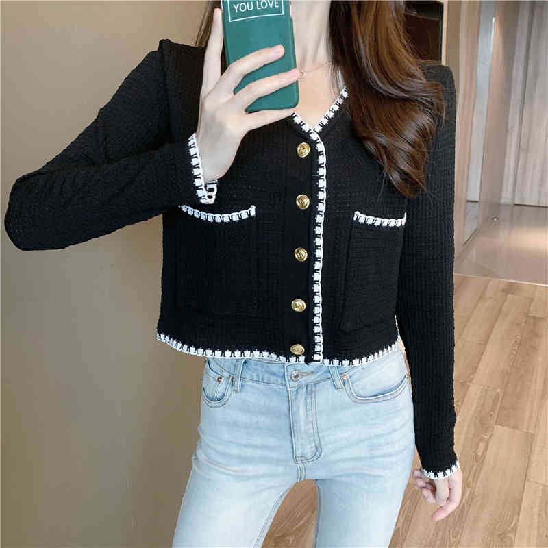 Vintage Elegant Women Cardigan Sweater V-neck Single-breasted Full Sleeve Short Tops Jumpers Femme 210514