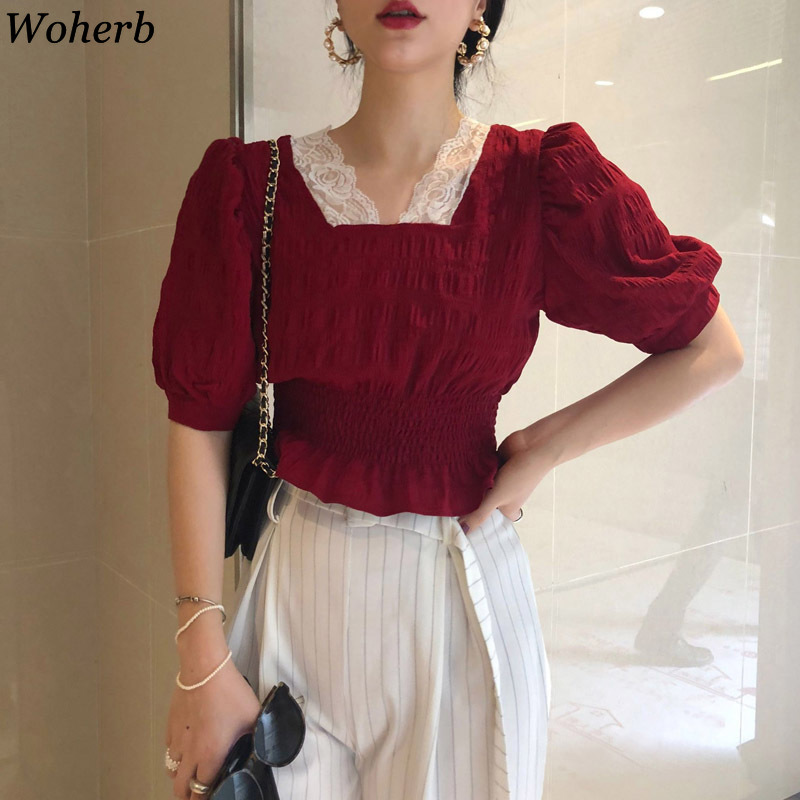 Vintage Women Blouse Lace Patchwork Puff Sleeve Shirts Female Summer Slim Waist Short Blusas Korean Temperament Tops 210519