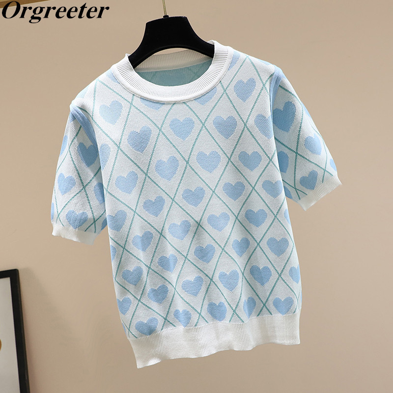 Fashion Women's Knitwear Tops Summer O-neck Short Sleeve Love pattern jacquard Blue Pullover Jumpers Sweater 210525
Fashion Women's Knitwear Tops Summer O-neck Short Sleeve Love pattern jacquard Blue Pullover Jumpers Sweater 210525